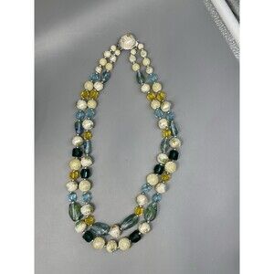 2 Strand Japan Blue & Yellow Bead Frosted Plastic & Glass Vintage Necklace